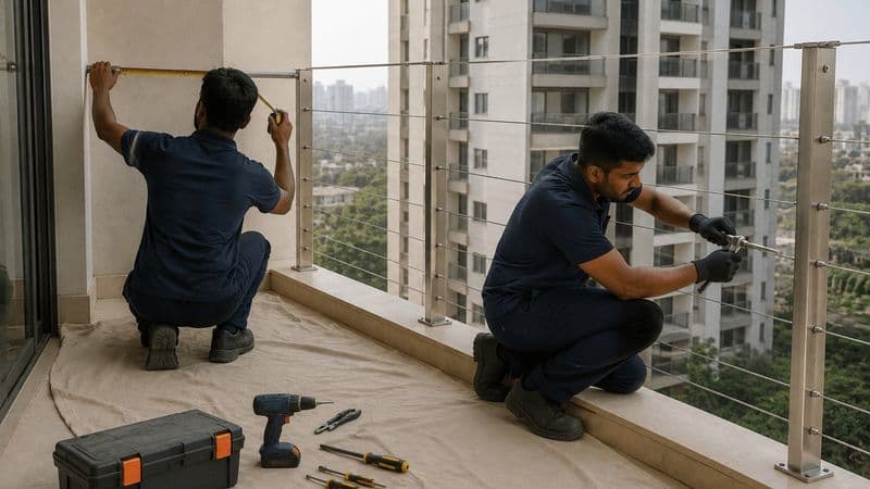 Installation technicians fitting a balcony safety cable system in Amravati